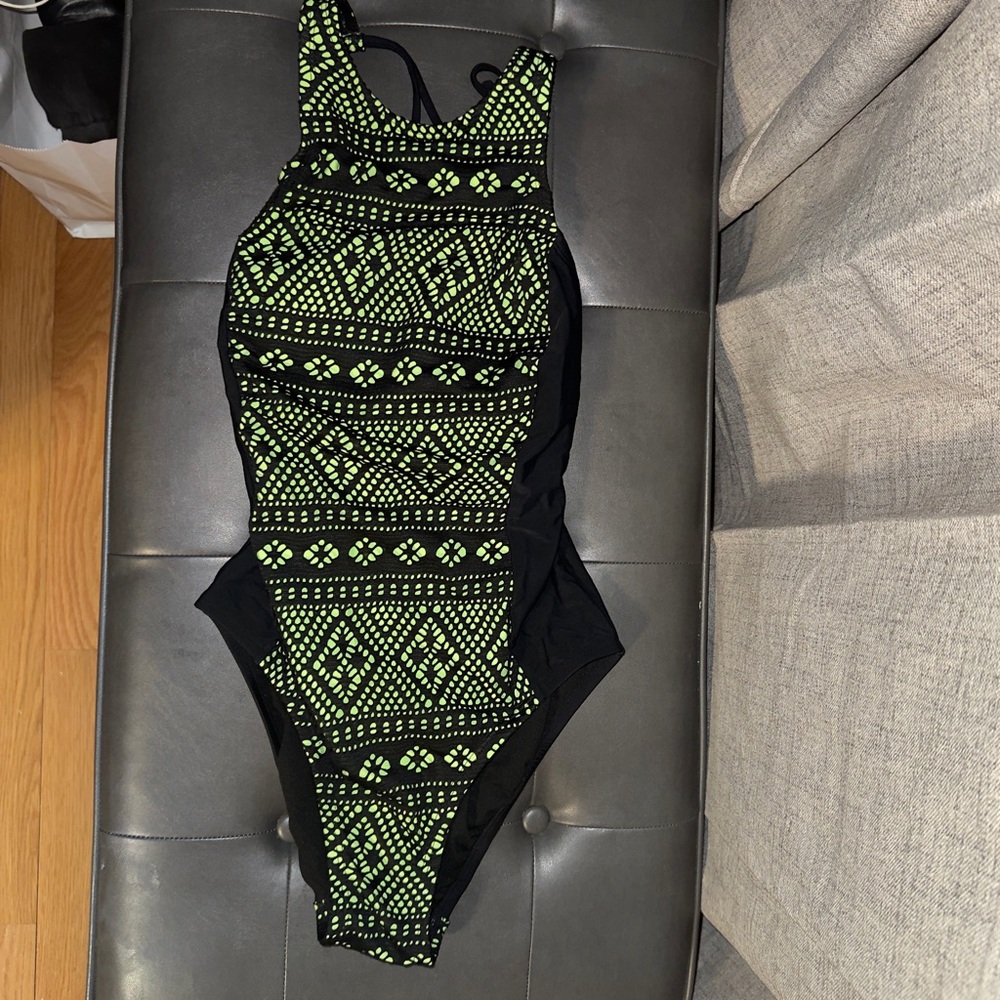 Stylish Splashletics Teen One Piece Swimsuit - Black and Lime Green Size Medium